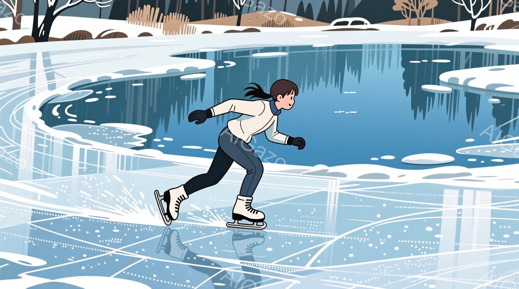 凍った湖の上をスケートする女性が描かれています。彼女は黒い髪を後ろでポニーテールにし、白いジャケット、黒いズボン、白いスケート靴を履いています。背景には木々が立ち並び、冬の静かで穏やかな雰囲気を醸し出しています。