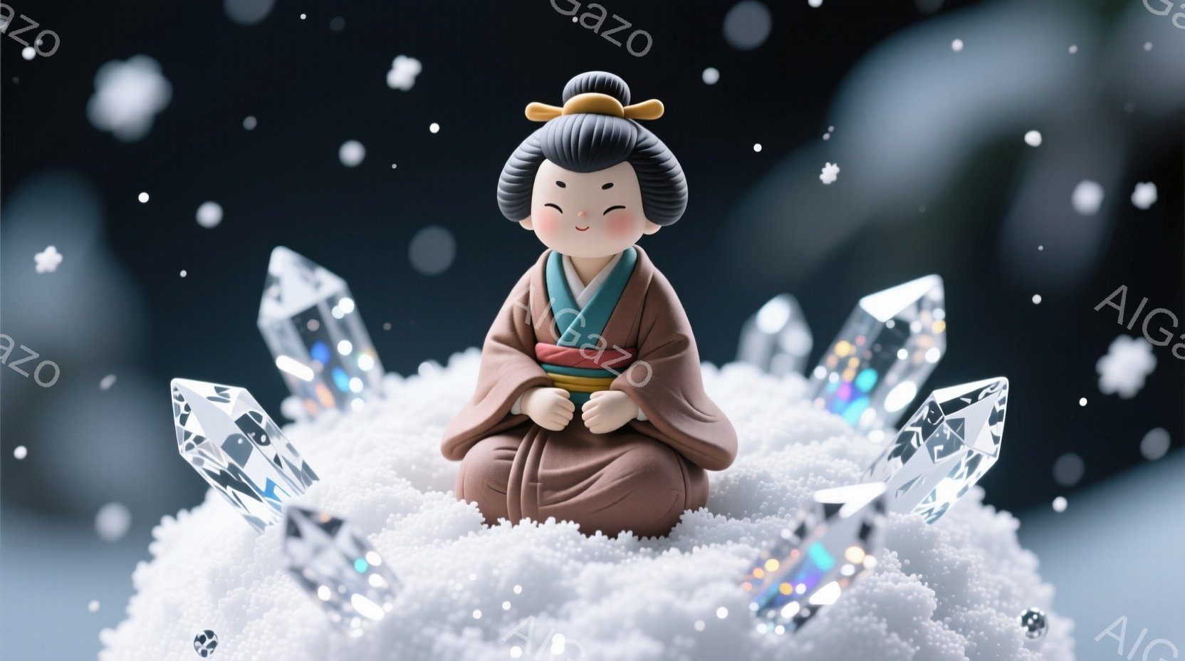 可愛らしい少女が、白い雪のような丘の上に座禅を組んでいます。彼女は茶色の着物を着ており、黒髪を高く結い上げて、かんざしを付けています。背景には、キラキラと輝く水晶のようなものが立ち並び、雪が舞う幻想的 - AI生成フリー素材