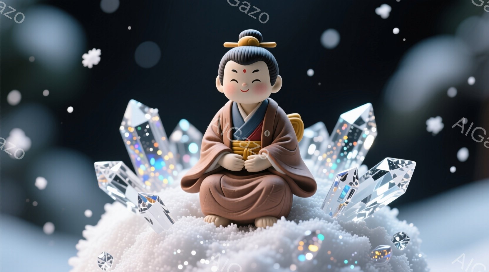 小さな子供が、複雑な模様の着物と、黒い髪を高く結い上げた伝統的な髪型で描かれている。子供は目を閉じて座禅を組み、穏やかで平和な表情を浮かべている。背景には、光り輝くクリスタルが立ち並び、白い雲のようなものの上に座っており、幻想的で神秘的な雰囲気を醸し出している。