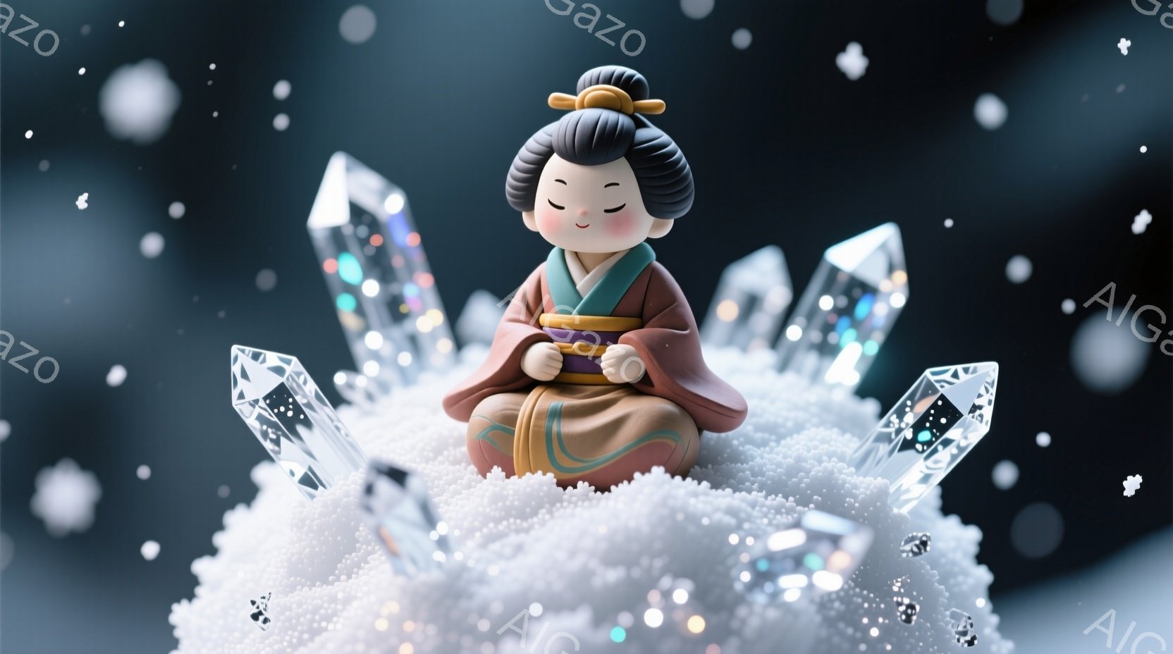 小さな女の子が、ピンクとベージュの着物を着て、白い雪のような丘の上に座禅を組んでいます。彼女は黒い髷を結い、目を閉じ、穏やかな表情を浮かべています。背景には、光る水晶のような尖った岩がいくつかあり、全体的に幻想的で静謐な雰囲気が漂っています。