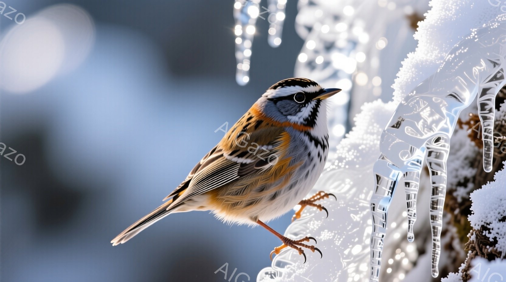 鮮やかな色彩の小鳥が、氷のつららがかかった木の枝に止まっています。その姿は、茶色、白、黒の羽毛で覆われ、鋭い爪でしっかりと枝につかまっています。背景はぼやけていますが、冷たい空気と冬の自然を感じさせる、幻想的な雰囲気です。