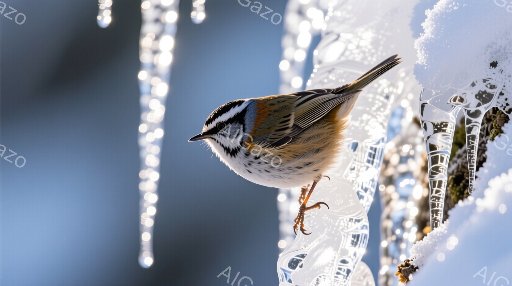 寒々とした冬の風景の中に、小さな鳥が氷のつららにつかまっている。その鳥は白と黒の縞模様と茶色の斑点があり、鮮やかな白い眉が特徴的だ。背景は薄い青色の空で、氷のつららが光を受けてキラキラと輝き、凍てつくような冬の静寂を表現している。