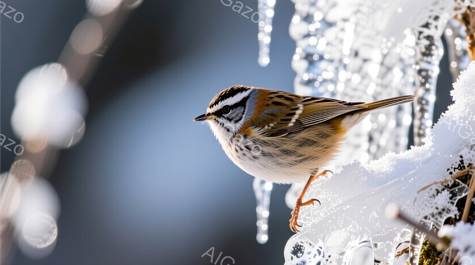 白と茶色の模様が美しい小さな鳥が、凍てついた枝にとまっています。周りには氷のつららが垂れ下がり、冬の寒々しい風景が広がっています。鳥は少しうつむき加減で、静かに寒さをしのいでいるように見えます。 - AI生成フリー素材