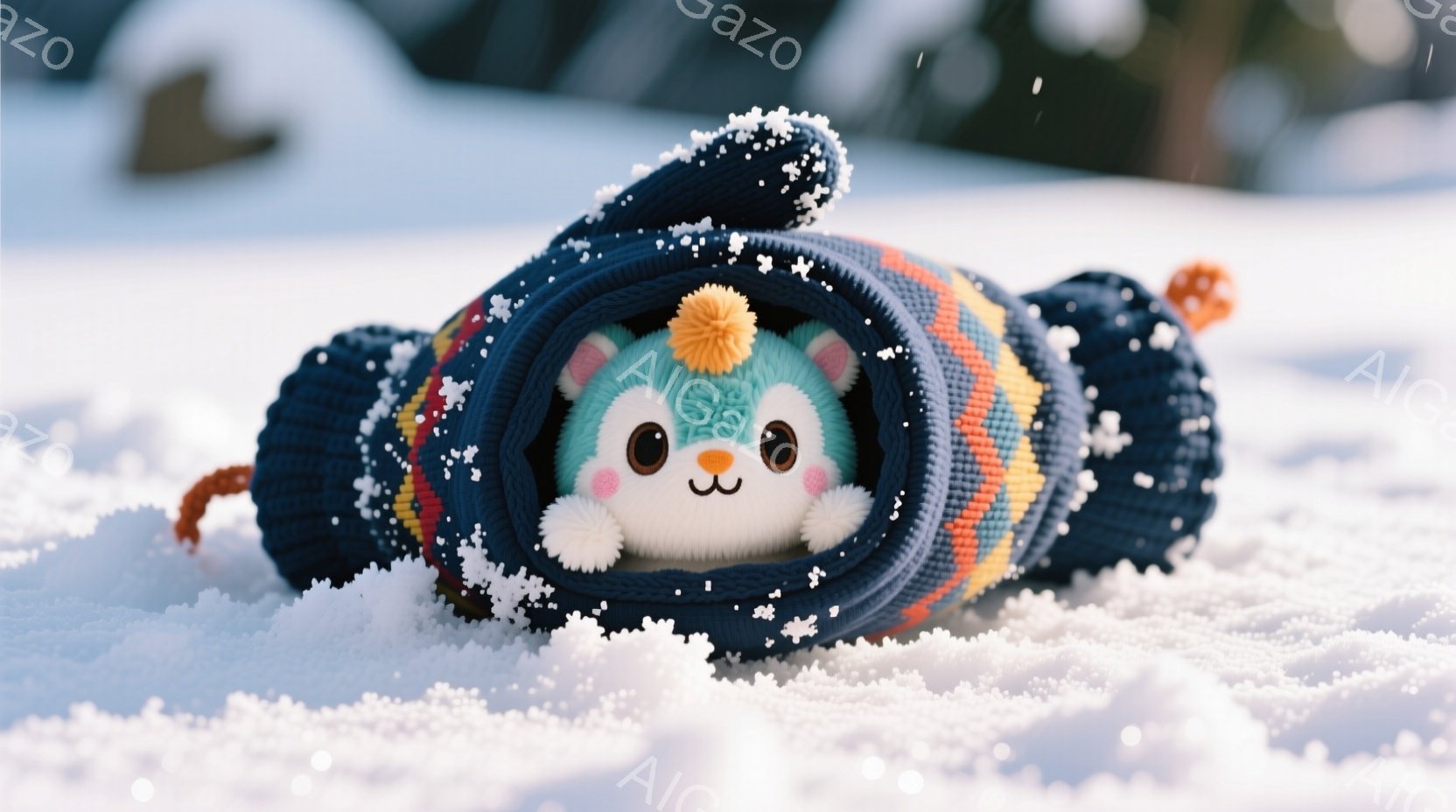 雪の中に埋もれたふわふわの白い動物のぬいぐるみが写っています。青と赤のストライプがアクセントになったニット帽をかぶり、つぶらな瞳と小さな口で可愛らしい表情をしています。背景は一面の雪景色で、冬の静寂と - AI生成フリー素材