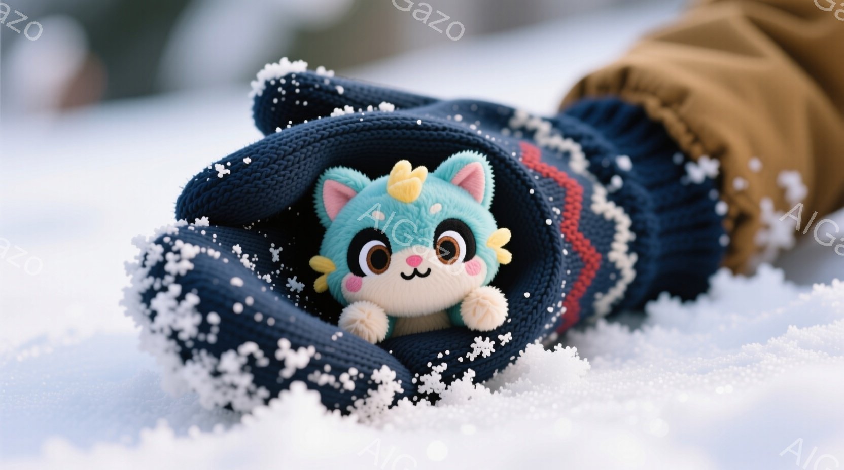 雪の上に座っている人物の脚と、その手で包まれた小さな青いぬいぐるみ（猫のような）が写っている。ぬいぐるみの表情は可愛らしく、手には赤い縁取りのあるネイビーブルーのニット手袋がはめられている。背景は雪景色で、全体的に暖かく、ほのぼのとした雰囲気が漂っている。