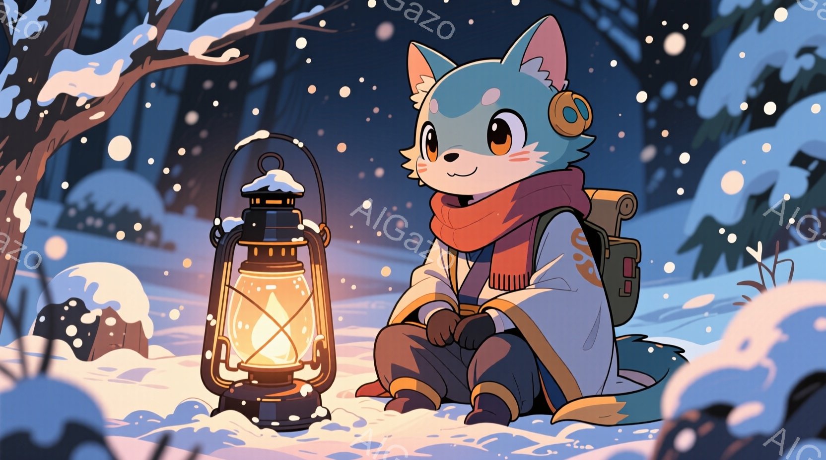 雪が降る夜の情景で、青い毛並みをした動物のキャラクターが、雪の上に座って提灯を見つめています。クリーム色のローブと赤いスカーフを身に着け、背にはリュックサックを背負っており、表情は穏やかでどこか物憂げです。背景には雪に覆われた木々や建物のシルエットが見え、全体的に幻想的で静謐な雰囲気が漂っています。