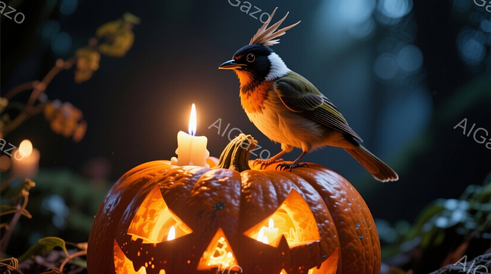 彫刻されたジャック・オ・ランタンの上に、茶色と白の鳥が止まっています。カボチャは明るい光を放つ切り抜かれた顔を持っており、周りにはさらにいくつかのロウソクが配置されています。背景は暗く、植物が生い茂っており、全体的にハロウィーンの不気味で幻想的な雰囲気を醸し出しています。