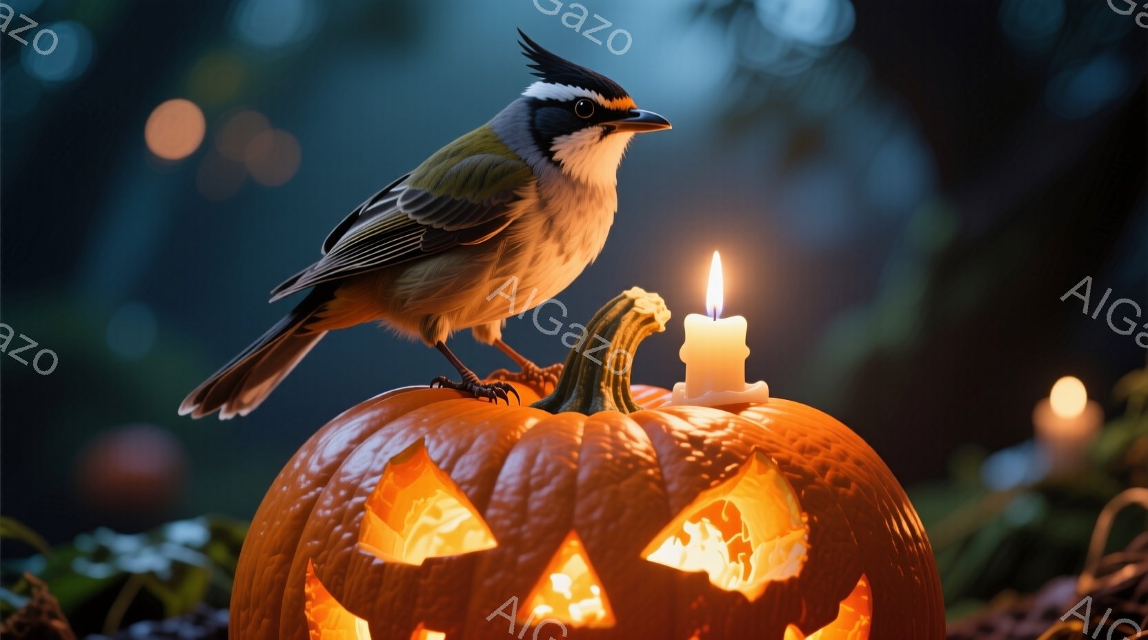切り株の上に彫刻が施されたオレンジ色のカボチャが置かれ、その上に一羽の鳥がとまっています。カボチャはジャック・オー・ランタンとして彫られており、内部にはろうそくの光が灯っています。背景は暗く、ぼやけた - AI生成フリー素材