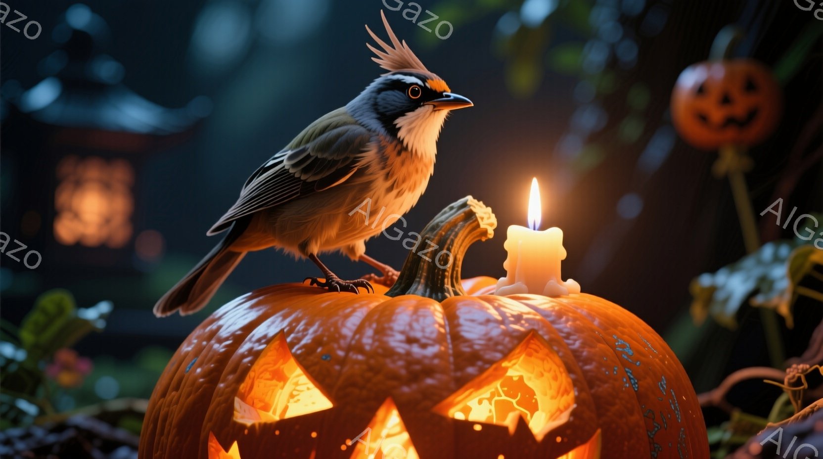 彫刻が施されたカボチャの上に、冠羽を持つ小鳥が立っている。カボチャの中は明るく光り、隣には点灯した蝋燭が置かれている。背景には、ぼやけたハロウィーンの装飾や植物が見え、全体的に秋の夜の神秘的で祝祭的な雰囲気を醸し出している。