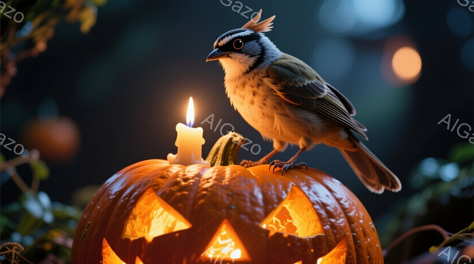 切り取られたカボチャのランタンの上に、茶色の鳥が止まっています。カボチャはジャック・オー・ランタンとして彫られており、内部にはキャンドルが灯って暖かく、オレンジ色の光を放っています。背景は暗く、ぼやけた緑の植物や、ぼんやりと光るオレンジ色の光が点在しており、ハロウィーンのような神秘的で温かい雰囲気を醸し出しています。