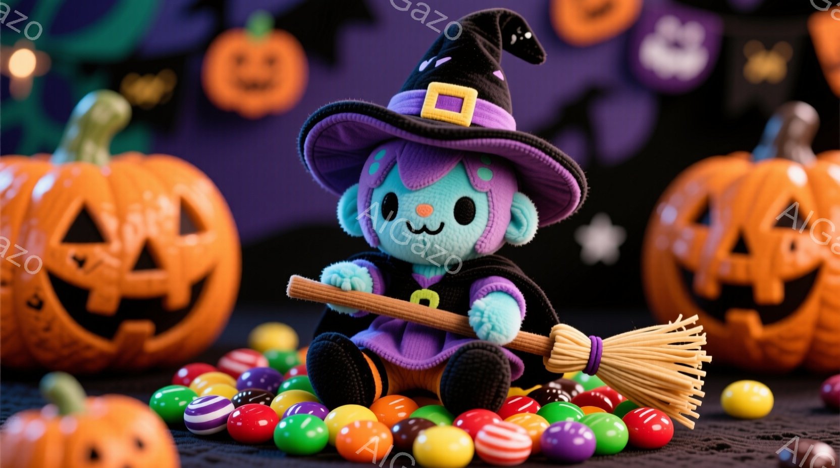 明るいオレンジ色の背景に、水色のふわふわした魔女の人形が座っています。黒いローブと尖った帽子を身に着け、手に箒を持ち、楽しそうな表情をしています。周囲にはカラフルなキャンディーが散らばり、ハロウィンの楽しい雰囲気を演出しています。