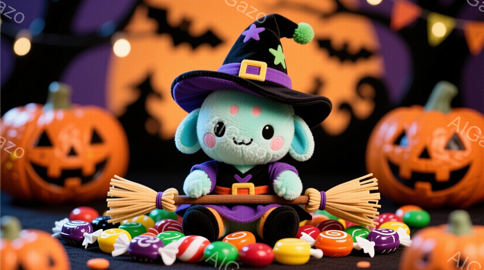 ハロウィーンをテーマにした可愛らしいぬいぐるみのウサギが描かれています。ウサギは紫色のローブと魔女帽子を身につけ、ほうきを持って座っており、表情は穏やかで可愛らしいです。背景には、オレンジ色のジャック・オー・ランタンとカラフルなキャンディーが散りばめられ、お祝いムードを醸し出しています。