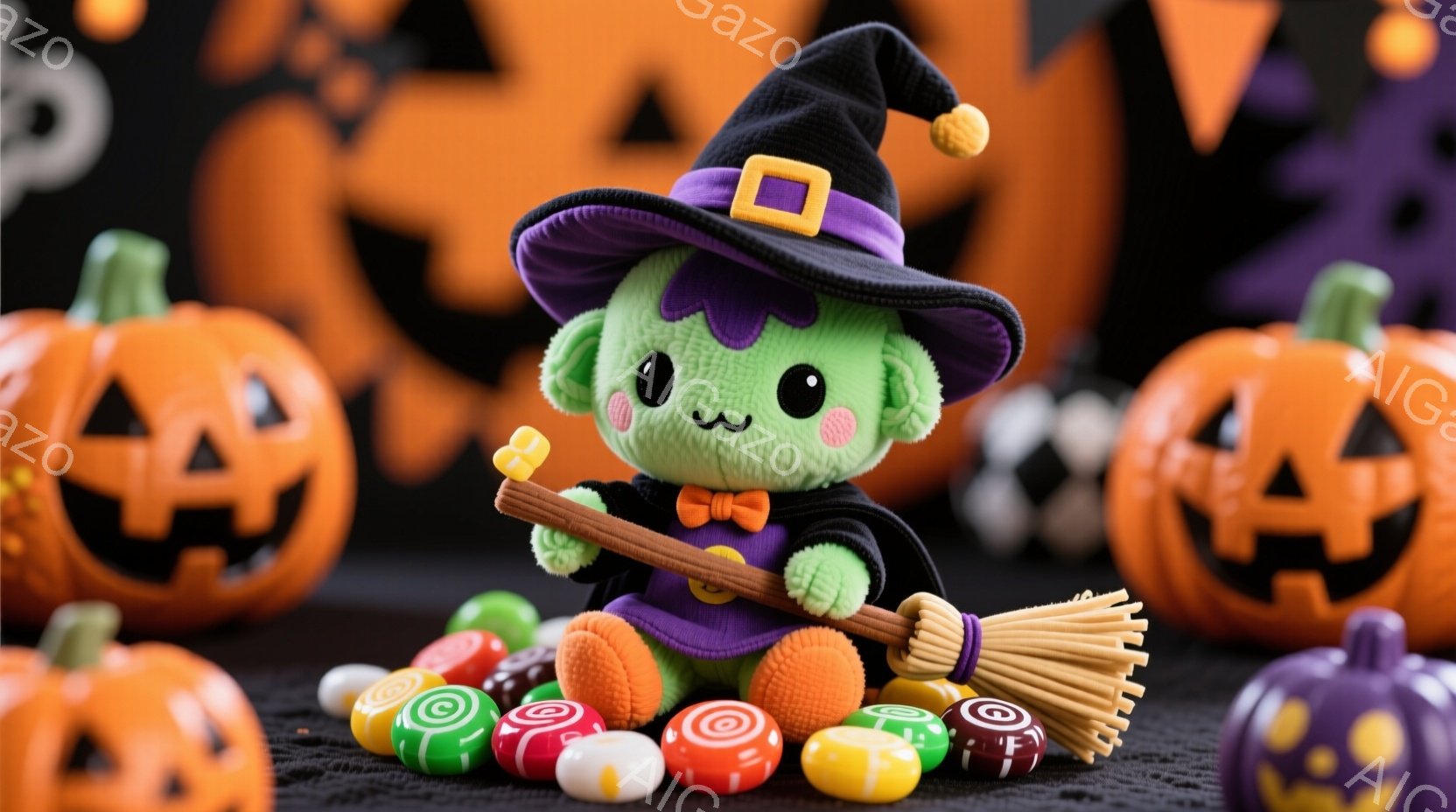 緑色の愛らしいふわふわの生き物が、黒い背景に配置されたハロウィーンの装飾の中に座っています。紫色のローブとオレンジ色の蝶ネクタイを身に着け、先のとがった黒い帽子を被っています。小さなほうきを持ち、周囲にはカラフルなキャンディーが散らばっており、楽しいハロウィーンの雰囲気を醸し出しています。