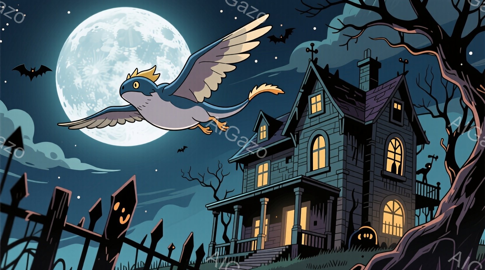 暗い夜空に、青い屋敷が不気味に浮かび上がっています。屋敷の前には墓石が並び、黒いフェンスが囲んでいます。満月が明るく輝き、屋敷と墓地を照らし、空にはコウモリが舞い、奇妙な鳥が飛んでいます。 - AI生成フリー素材