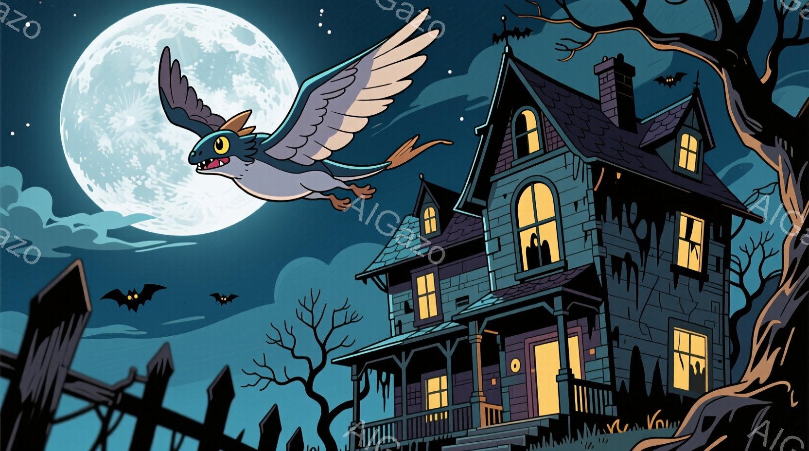 暗い夜空を背景に、不気味な屋敷がそびえ立っています。屋敷は青色で、窓からオレンジ色の光が漏れており、ハロウィーンの雰囲気を醸し出しています。空には満月とコウモリが浮かび、屋敷の前に不気味な木とフェンス - AI生成フリー素材