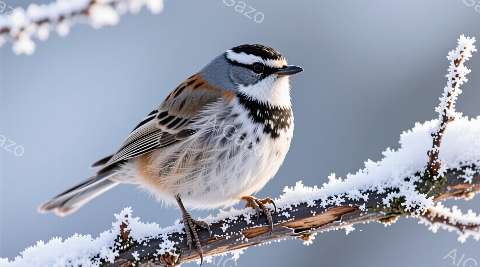 白と黒の縞模様が特徴的な小鳥が、雪で覆われた木の枝にとまっています。ふっくらとした体は暖かそうな羽毛で覆われ、鋭い眼差しは何かを探しているようです。背景は淡い青色の空で、冬の静寂と冷たさが感じられます。
