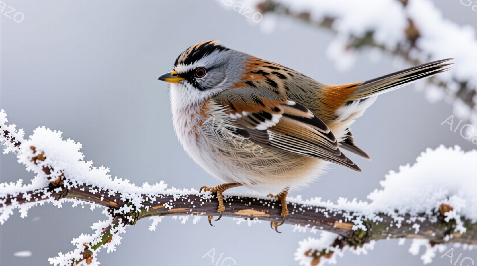 雪に覆われた枝にとまっている小さな鳥が写っています。その鳥は灰色と茶色の美しい模様を持ち、頭には特徴的な冠のような羽毛があります。背景はぼやけた灰色で、雪の降る冬の静けさを感じさせる雰囲気です。 - AI生成フリー素材