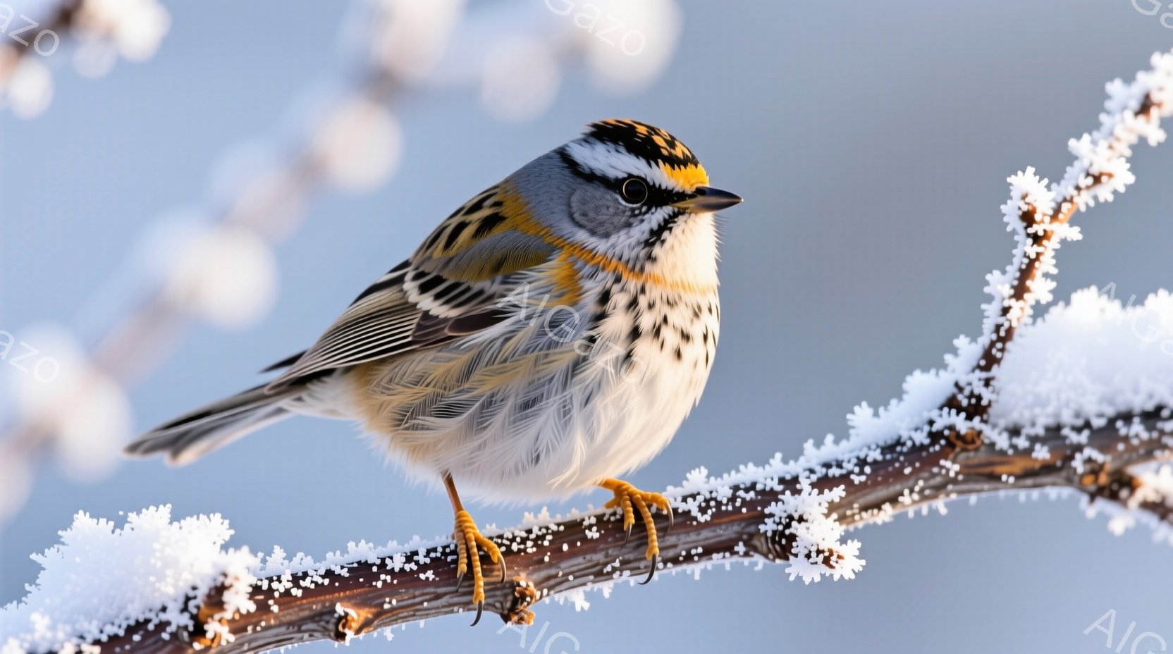 鮮やかな黄色の冠と黒い模様が特徴的な可愛らしい鳥が、雪に覆われた木の枝に止まっています。白い羽毛と灰色の背中が冬の寒さに映え、鋭い眼差しは凛とした雰囲気を醸し出しています。背景は淡い青空で、全体的に静寂で冷たい冬の風景が広がっています。