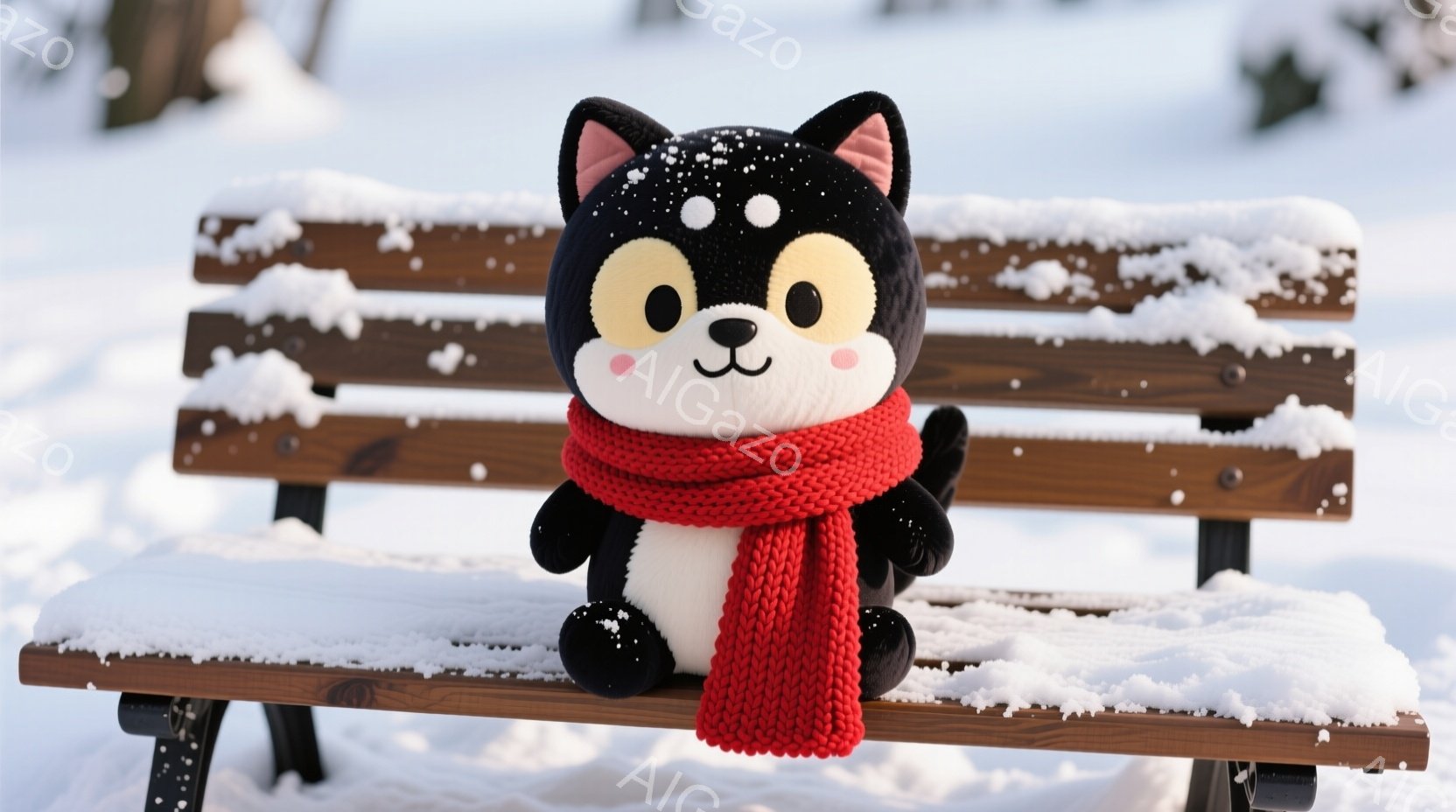 黒いぬいぐるみ犬が、雪で覆われた木製のベンチに座っています。赤い編み物のマフラーを首に巻き、穏やかな表情を浮かべています。背景は雪景色で、冬の静かで穏やかな雰囲気を醸し出しています。 - AI生成フリー素材