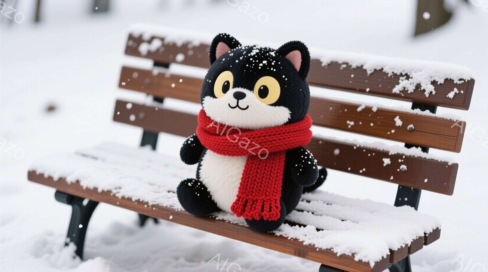 黒と白のぬいぐるみのような猫が、雪が積もった公園のベンチに座っています。赤い編み物のマフラーを巻いており、丸い目で穏やかな表情をしています。背景は雪景色で、冬の静かで平和な雰囲気が漂っています。 - AI生成フリー素材