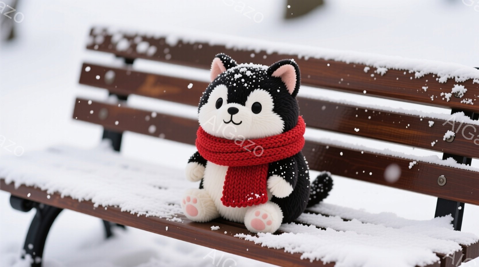 白い雪が降り積もる公園のベンチに、黒と白の毛並みを持つ犬のぬいぐるみが座っています。赤いマフラーを巻いており、つぶらな瞳とほのかな笑顔が愛らしい印象を与えます。背景は雪景色で、静かで穏やかな冬の雰囲気 - AI生成フリー素材