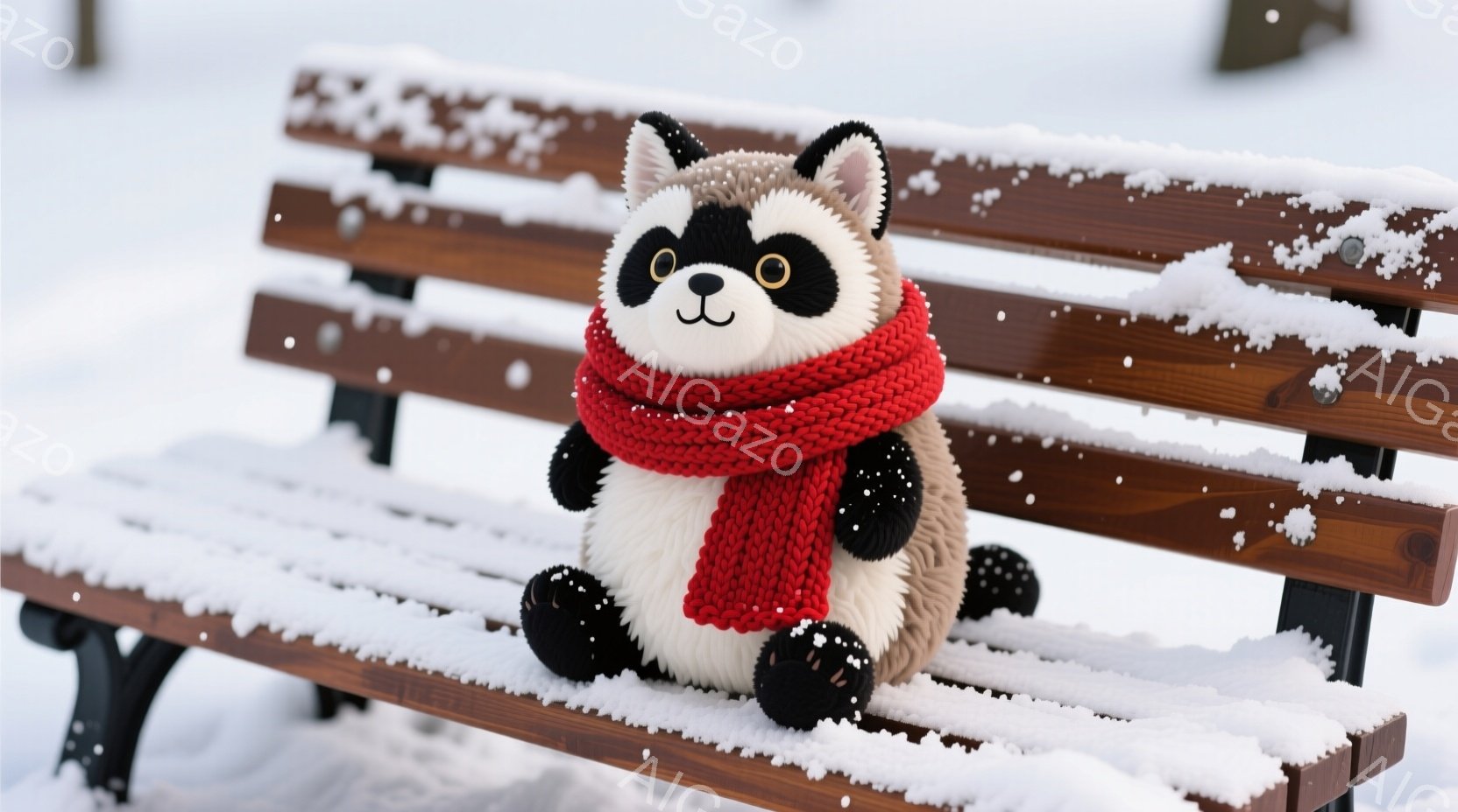 雪が降る公園のベンチに、ふわふわのラッコのぬいぐるみがお座りになっています。赤い編み物のマフラーを首に巻き、つぶらな瞳でこちらを見ている様子は、とても愛らしいです。背景には雪景色が広がり、静かで穏やかな冬の雰囲気が漂っています。