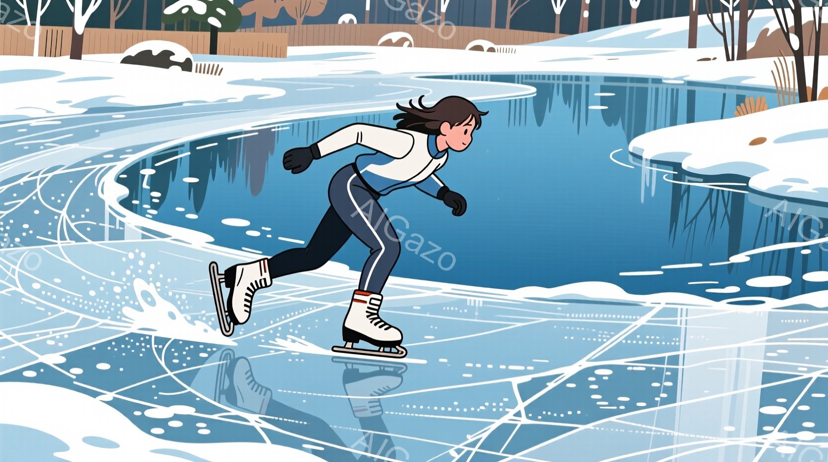 茶髪の女性が氷上でフィギュアスケートを楽しんでいる様子が描かれています。彼女は白いジャケットと黒いズボンを身につけ、動きのあるポーズで滑っています。背景には雪に覆われた木々と、穏やかな冬の景色が広がり - AI生成フリー素材