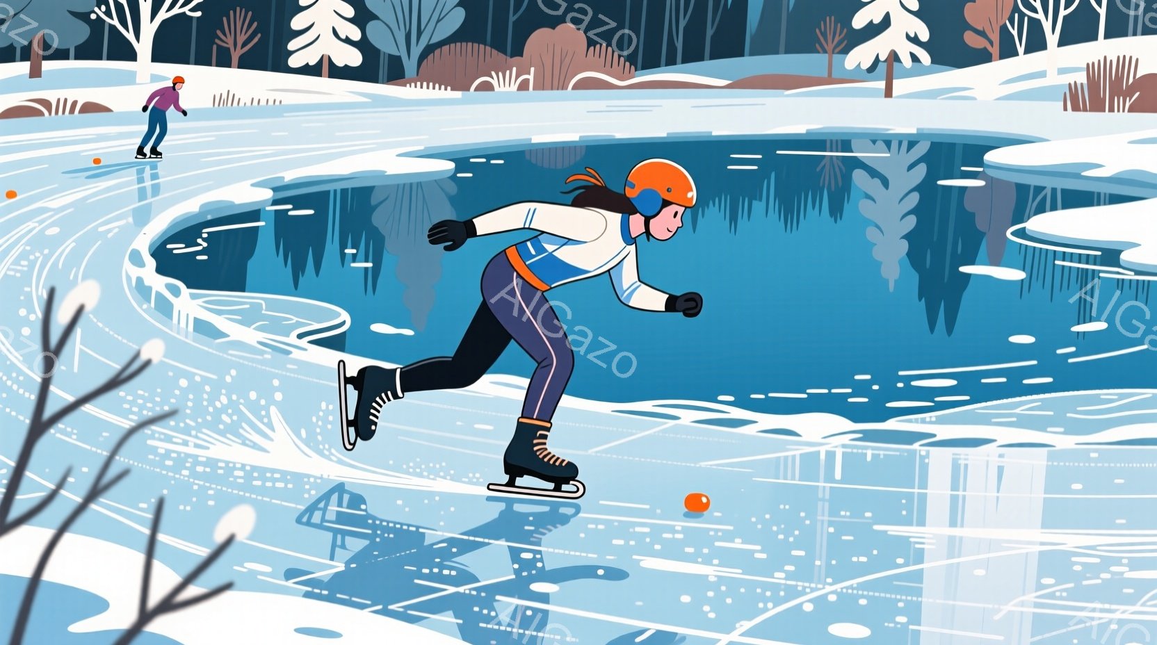 アイススケートをする女性が描かれています。彼女はオレンジ色のヘルメットと、白と青のスケートウェア、黒の手袋を着用し、髪は後ろでポニーテールにまとめています。背景には凍った湖と木々が広がり、冬の静かで穏やかな雰囲気を醸し出しています。