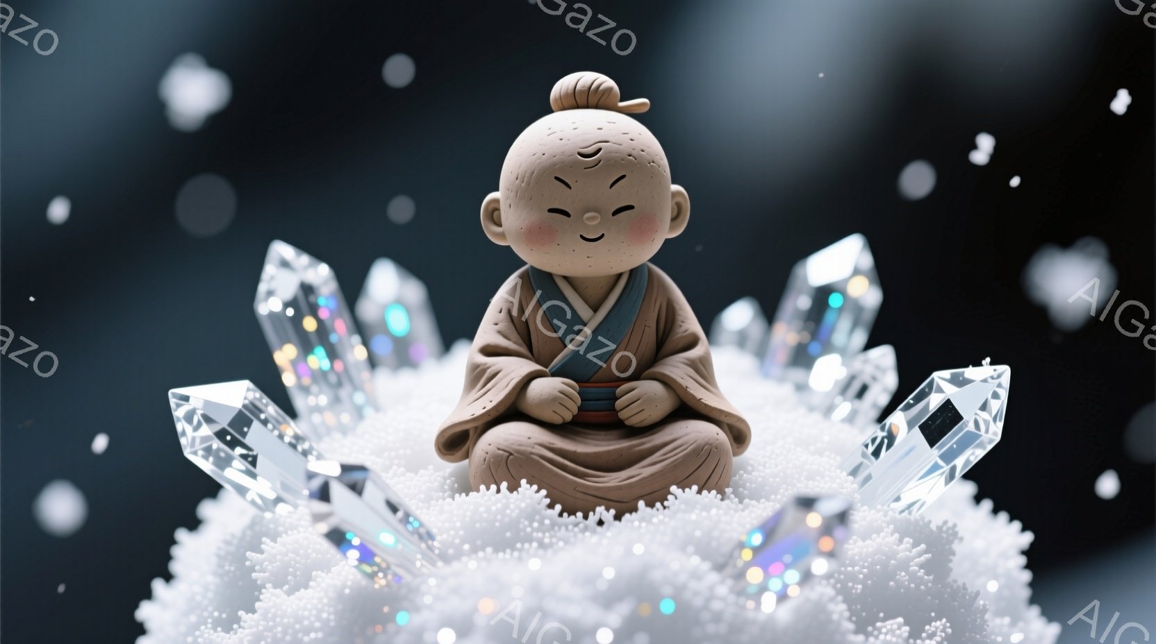 小さな仏像のような人物が、白い粒状の土台の上に座禅を組んでいます。茶色の衣をまとい、頭には小さな髷をつけており、穏やかな微笑みを浮かべています。背景には、透明な結晶のようなものが立ち並び、全体的に幻想的で静謐な雰囲気を醸し出しています。