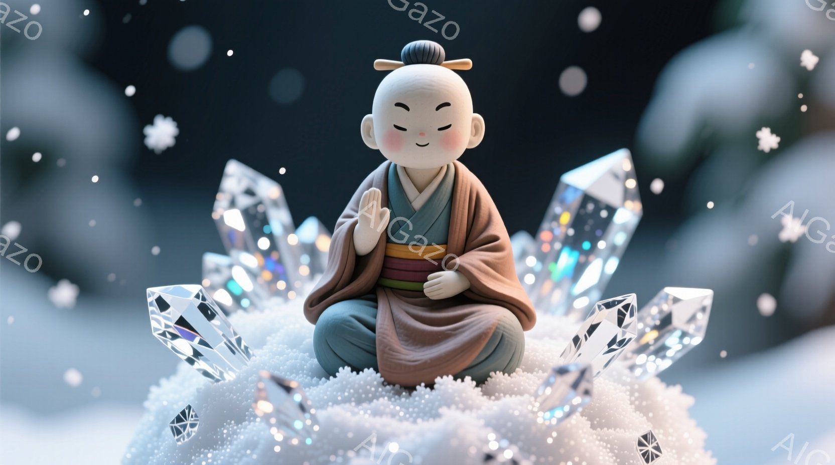 小さな仏像が雪のような白い粒の上に座禅を組んでいます。茶色とクリーム色のローブをまとい、頭には黒い髷をつけており、穏やかな微笑みを浮かべています。背景には、キラキラと輝く水晶のようなオブジェが立ち並び、雪が舞う幻想的な雰囲気を醸し出しています。