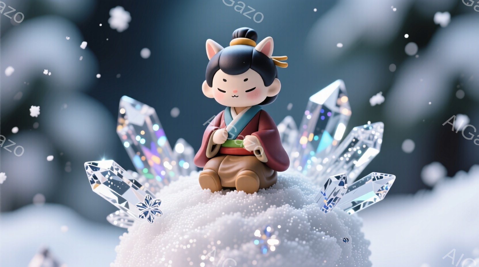 小さな男の子が雪のような白い山頂に座っており、緑色の帯と赤い着物姿で、黒い髪には小さな角のようなものが生えています。彼の表情は穏やかで目を閉じ、リラックスした様子です。背景にはキラキラと輝くクリスタルのようなものが周囲を取り囲み、雪片が舞い散る幻想的な冬の風景を作り出しています。