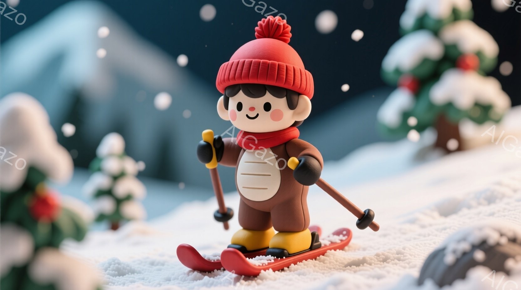 茶色いスキーウェアを着た小さな人形が雪の上を滑走しています。頭には赤いニット帽があり、白いマフラーを巻いています。背景には雪で覆われた木々と、雪が舞う冬の風景が広がっており、暖かく可愛らしい雰囲気を醸し出しています。