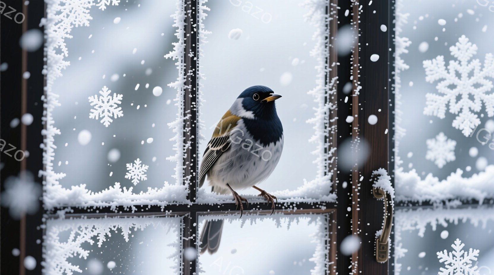 雪が降り積もった窓枠にとまっている、美しい小鳥が描かれています。その鳥は、黒、白、茶色の鮮やかな模様を持ち、まるで冬の衣装をまとっているかのようです。背景には雪景色が広がり、冷たく静かな冬の雰囲気を醸し出しています。