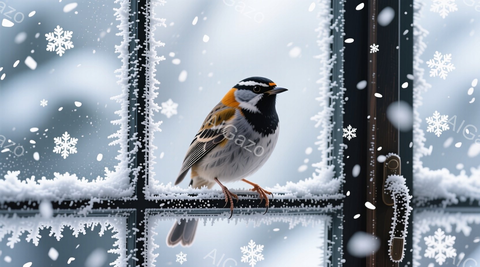 冬の凍りついた窓枠に、可愛らしい鳥がとまっている。その鳥は頭部に黒い模様があり、胸元はオレンジ色で、冬の寒さの中でも鮮やかな色合いを見せている。背景は雪景色で、凍りついた窓ガラスが幻想的な雰囲気を醸し出している。
