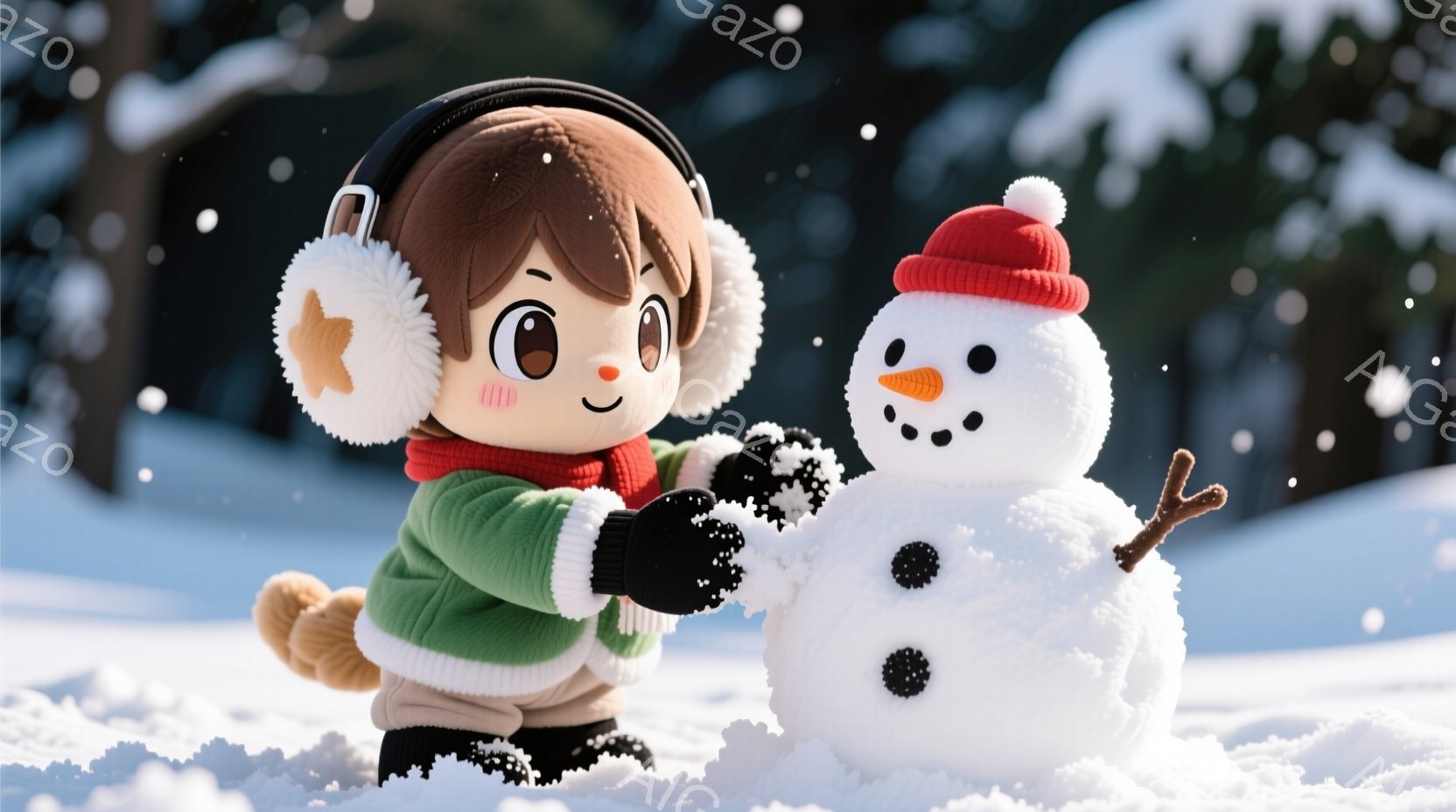 雪景色の中に、緑色のセーターを着た可愛らしい女の子がいます。彼女は茶色の短い髪をしており、耳当てをつけています。正面には雪だるまが立っており、女の子は雪だるまの肩に触れようとしています。