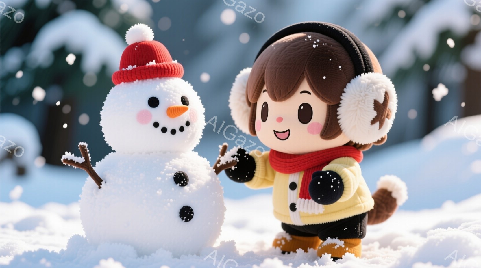 雪景色の中に、可愛らしい雪だるまが立っています。茶色のポニーテールに、耳当て付きの帽子と赤いマフラーを巻いた女の子が、雪だるまの隣で雪玉を握り、笑顔でこちらを見ています。背景にはぼんやりとした建物と雪 - AI生成フリー素材