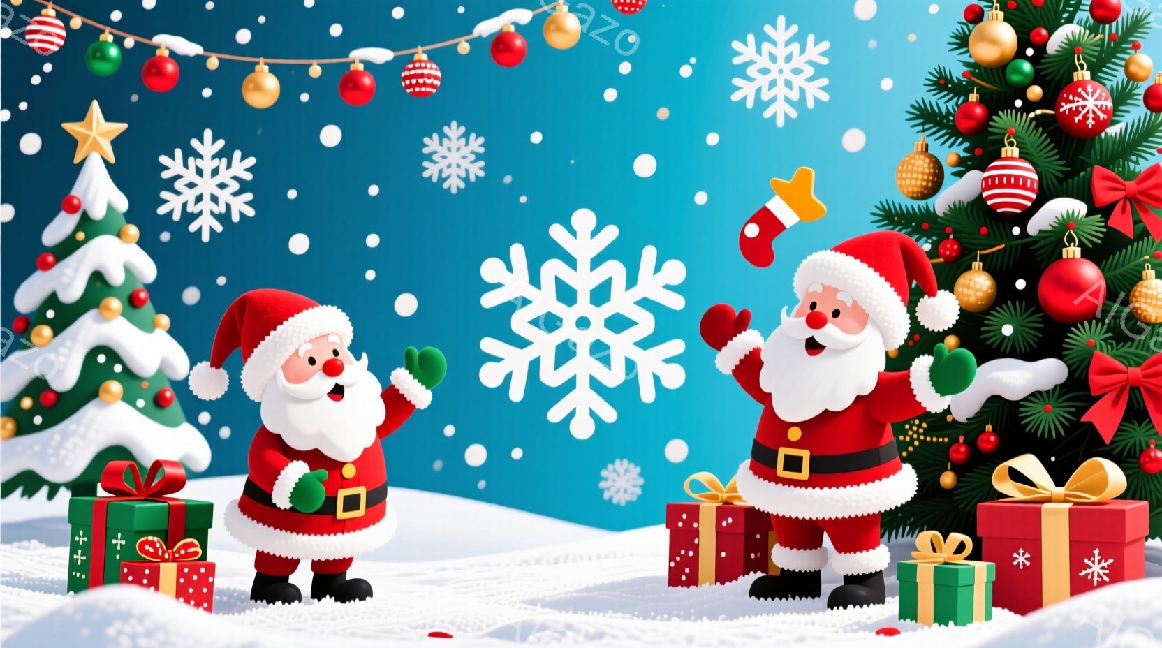 2人のサンタクロースが、プレゼントの箱の前に立って手を振っています。彼らは赤い衣装と白い髭を持ち、笑顔で楽しそうにしています。背景にはクリスマスツリーや雪片が散りばめられ、お祝いの雰囲気を醸し出してい - AI生成フリー素材