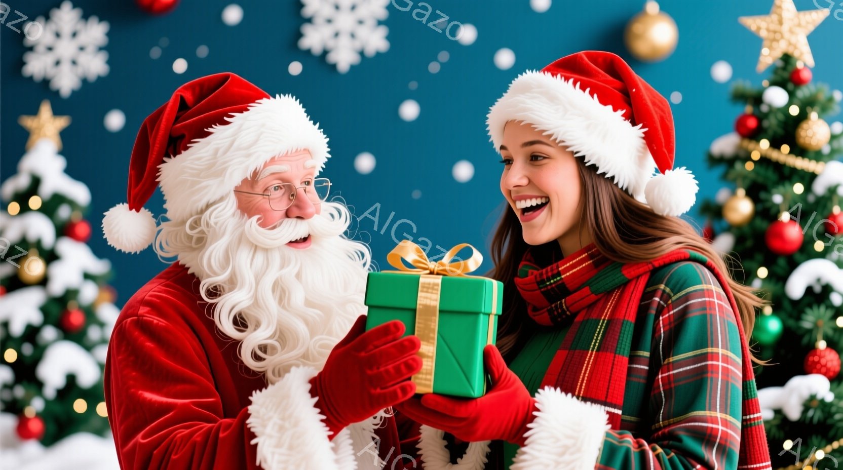 サンタクロースと若い女性がプレゼント交換をしている様子が描かれています。サンタクロースは赤い衣装と白いひげ、帽子を身に着け、満面の笑顔を浮かべています。女性はチェック柄の服を着ており、プレゼントを受け - AI生成フリー素材