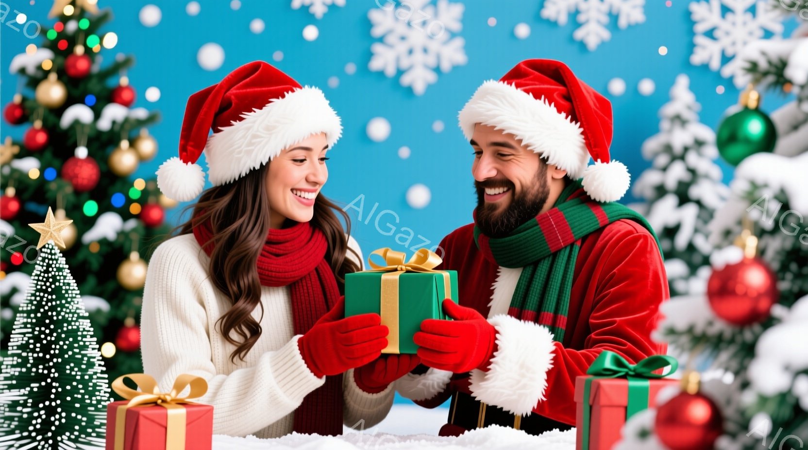 若いカップルがクリスマスの背景の前でプレゼントを交換しています。女性は茶色のウェーブヘアで白いセーターと赤いマフラーを身につけ、男性はひげを生やし、赤いベルベットジャケットとストライプのマフラーを着用しています。背景には雪が舞う青い空と、装飾されたクリスマスツリーやプレゼントの箱が並び、暖かく幸せなクリスマスの雰囲気が漂っています。
