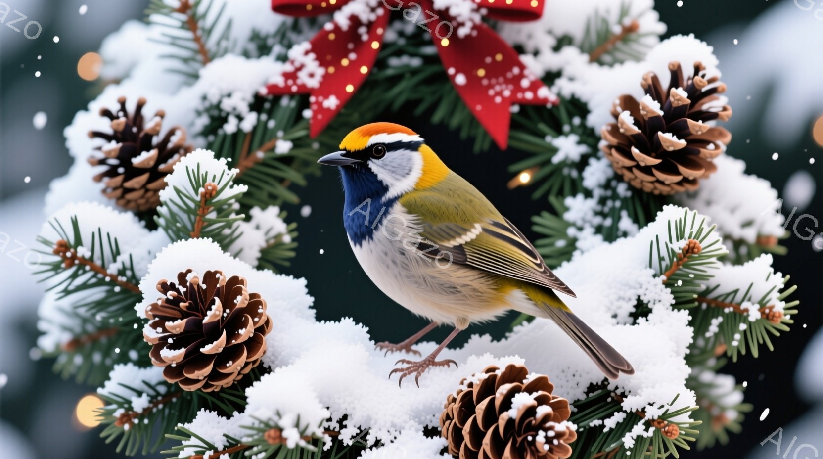 雪で覆われたクリスマスリースの中に、鮮やかな青い冠羽を持つ小鳥が一羽とまっている。鳥は正面を向き、丸い瞳が可愛らしい印象を与える。背景には緑の葉と松ぼっくりが散りばめられ、暖かく穏やかな冬の雰囲気が漂っている。