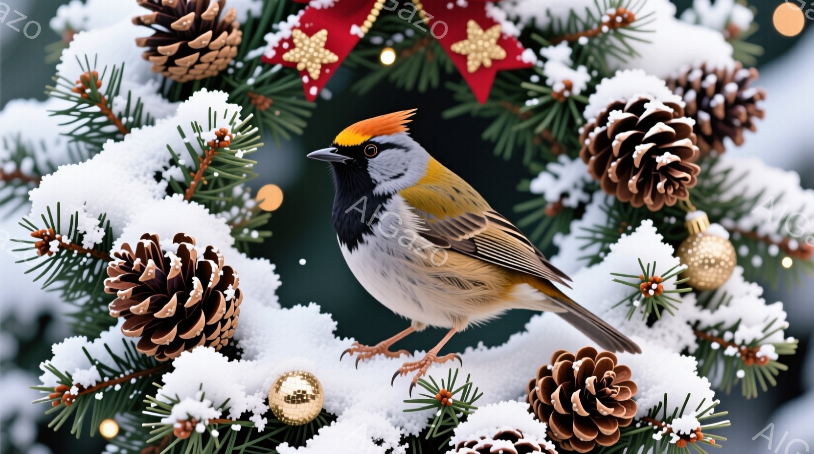 鮮やかな色の鳥が、クリスマスツリーのような背景の中にいます。鳥は頭頂部に明るい黄色の冠のような飾りがあり、黒、白、茶色の美しい模様をしています。背景には、松ぼっくりや金色のオーナメントが散りばめられ、冬の穏やかで祝祭的な雰囲気を醸し出しています。