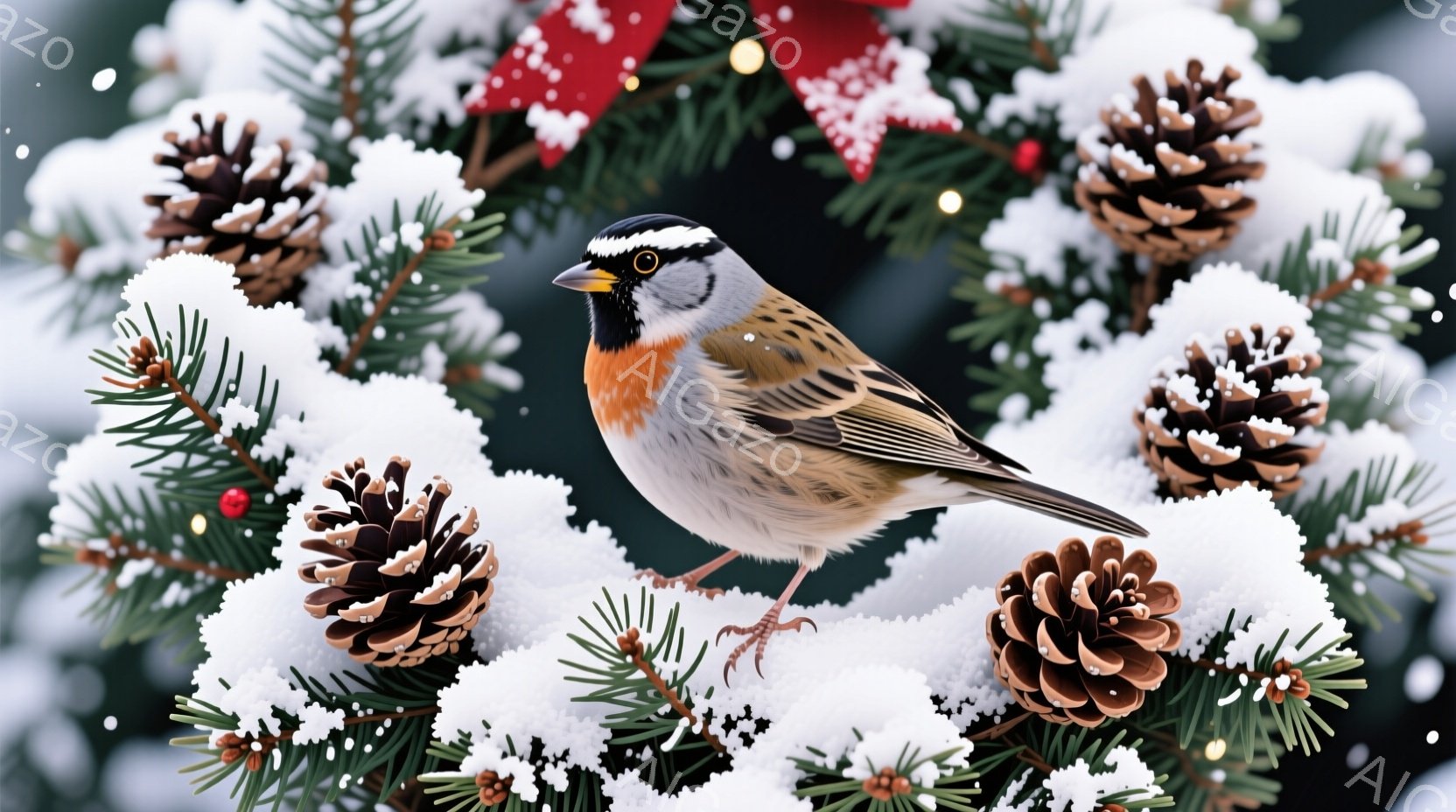雪に覆われた常緑樹のリースの中に、可愛らしい胸にオレンジ色の模様を持つ鳥が立っています。その鳥は、鋭い眼差しで何かを見つめており、冬の静寂の中で生き生きとしています。背景には松ぼっくりが散りばめられ、全体的に温かく、穏やかなクリスマスの雰囲気を醸し出しています。