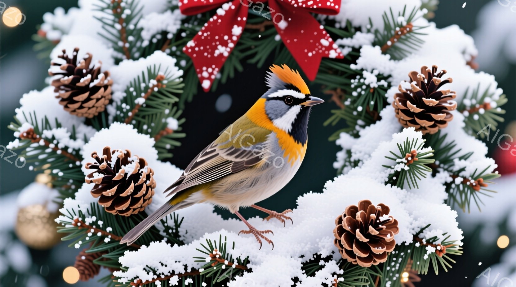 小さな鳥が、雪で覆われたモミの木の飾り付けの中に止まっています。鳥は茶色、白、黒の模様を持ち、頭には特徴的な冠のような羽毛があります。背景には、松ぼっくりや金色のオーナメントが散りばめられ、冬の祝祭の暖かく穏やかな雰囲気を醸し出しています。