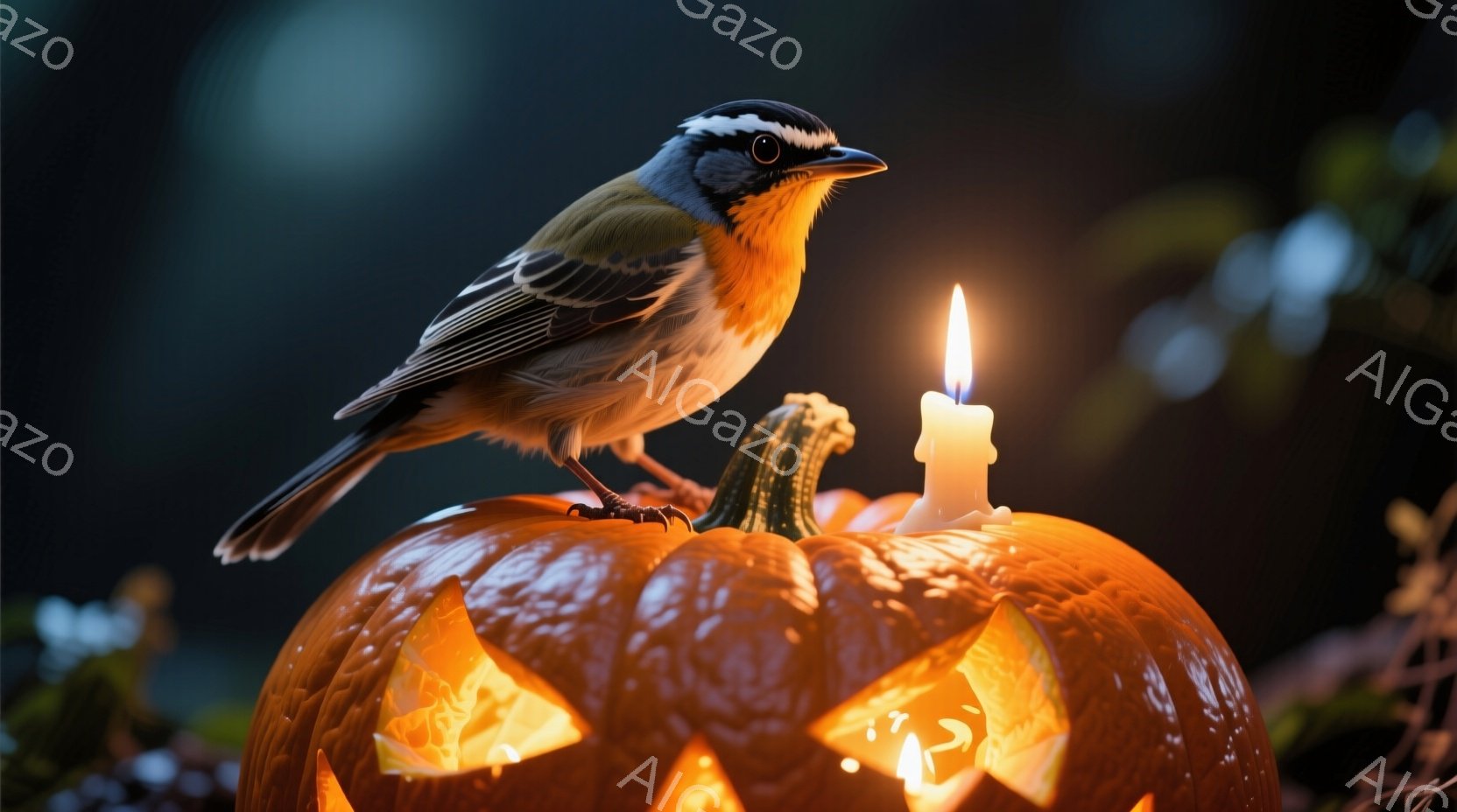 ハロウィーンの飾りであるくり抜かれたカボチャの上に、小さな鳥が立っている。カボチャはジャック・オ・ランタンとして彫られており、内部には明かりが灯っている。背景は暗く、自然の緑がわずかに見え、全体的に幻想的で温かい雰囲気を醸し出している。