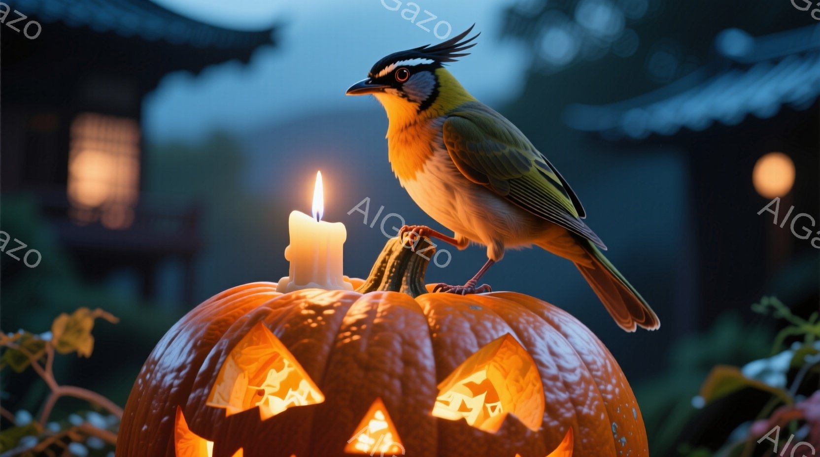 彫刻が施されたオレンジ色のカボチャの上に、鮮やかな黄色の鳥が止まっています。カボチャの中には光るキャンドルが灯っており、鳥はそれを背景に堂々と立っています。背景には薄暗い建物と緑豊かな植物が見え、ハロ - AI生成フリー素材