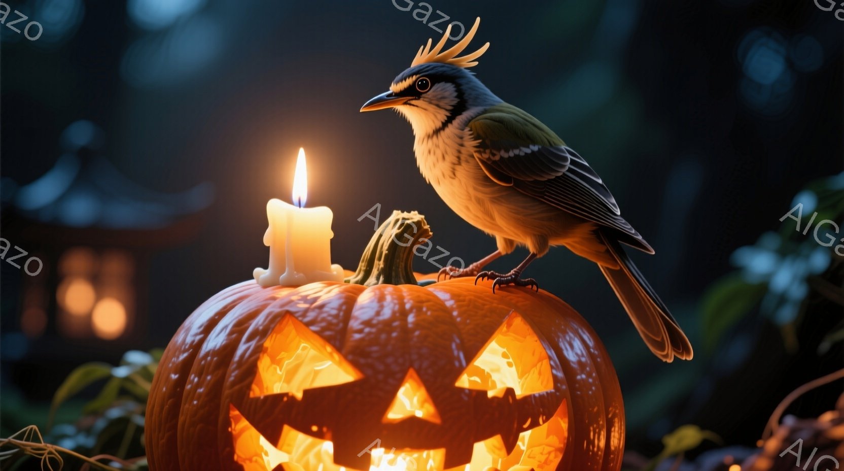 オレンジ色のジャック・オー・ランタンの上に、冠羽を持つ鳥が止まっています。ろうそくの光が、鳥のシルエットとジャック・オー・ランタンの彫刻を照らし出し、背景にはぼんやりと建物が見え、暗い夜のハロウィーン - AI生成フリー素材