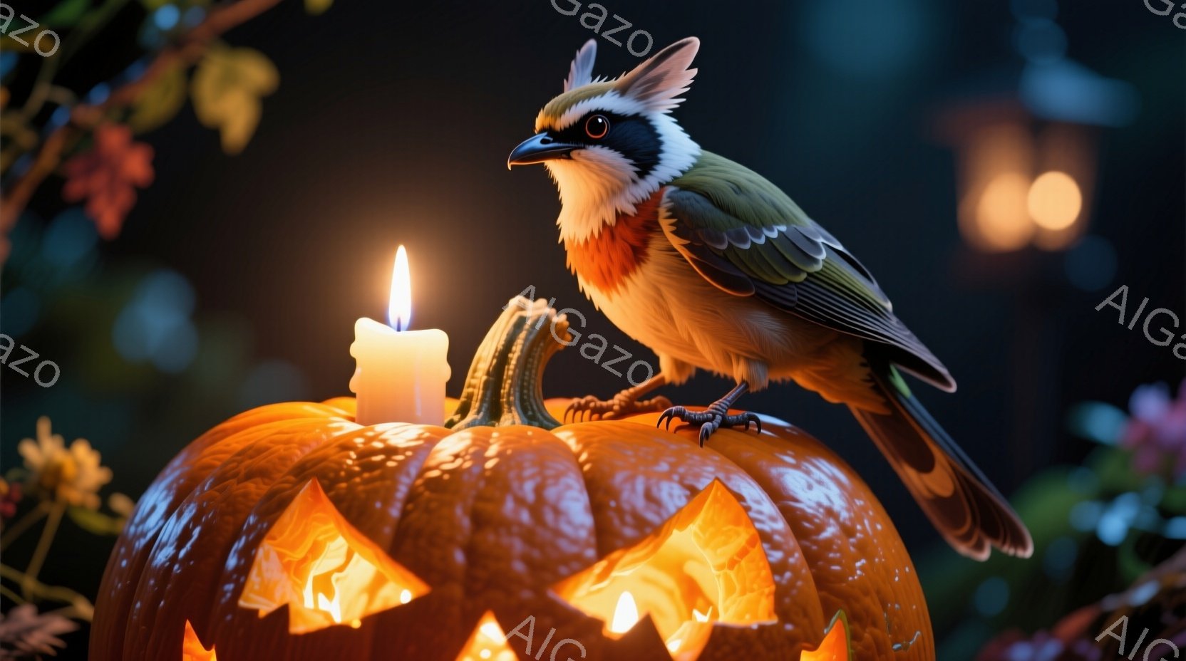 彫刻されたジャック・オー・ランタンの上に、冠羽を持つ鳥が止まっています。背景にはぼやけた植物と暖色系の光があり、ハロウィーンの雰囲気を感じさせます。オレンジ色のカボチャと明るい蝋燭の光が、幻想的で落ち - AI生成フリー素材