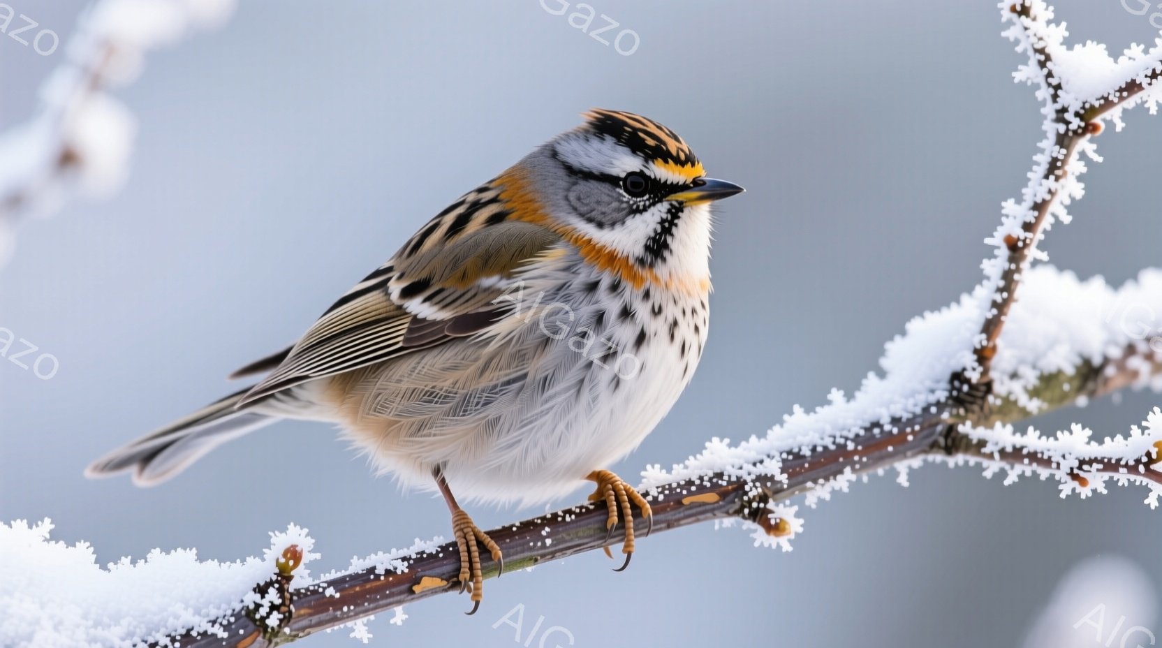 白い背景に、鮮やかな色彩の鳥が枝に止まっています。この鳥は頭部に黒い模様があり、頬は赤みがかっており、胸元は白くふっくらとしています。枝は霜で覆われ、冬の寒々とした雰囲気を醸し出しています。