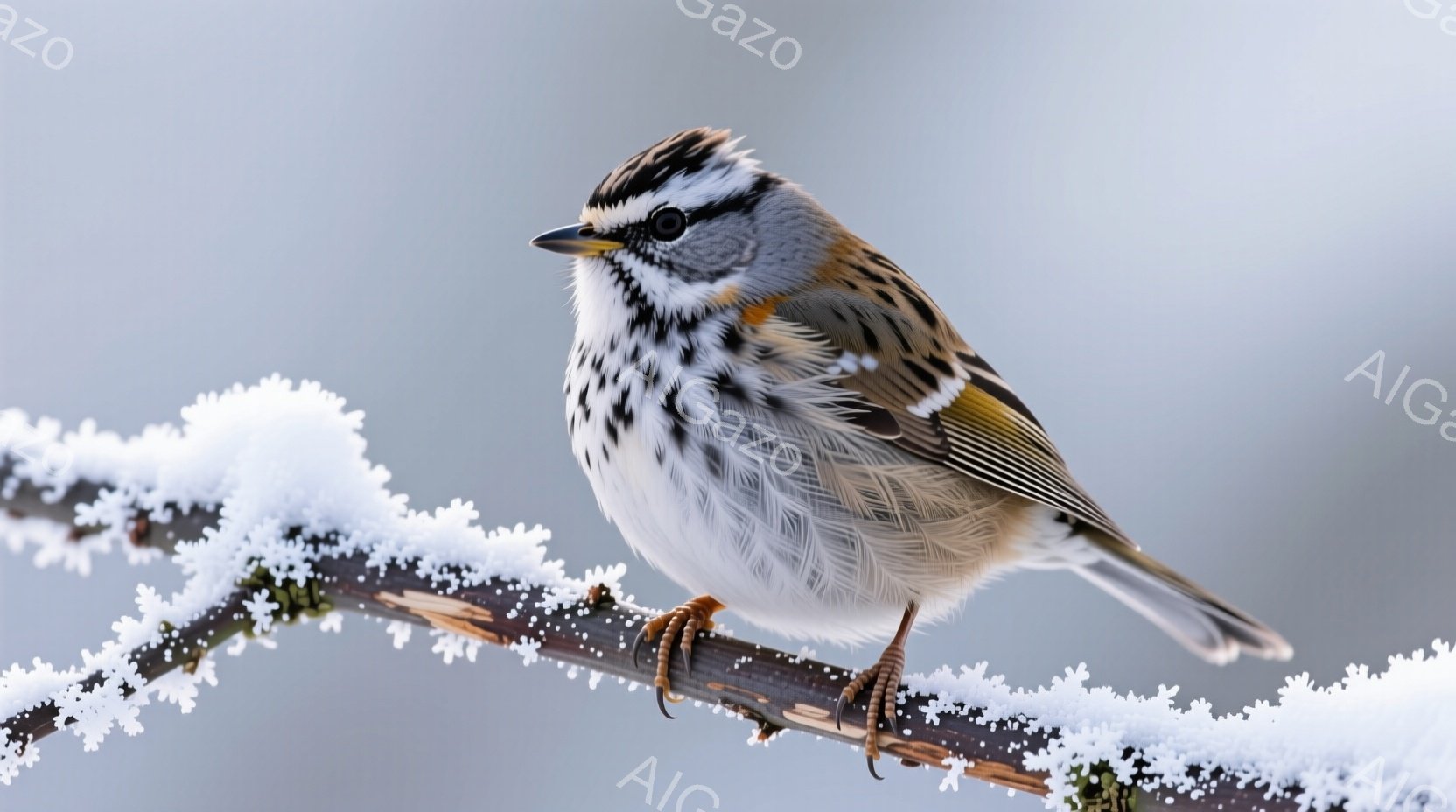 白い背景に、小さな鳥が凍り付いた枝に止まっている様子が捉えられています。鳥は頭に特徴的な縞模様があり、灰色の背中と茶色の翼、白い腹部を持っています。凍り付いた枝は冬の寒さを表しており、鳥の繊細な羽毛と - AI生成フリー素材