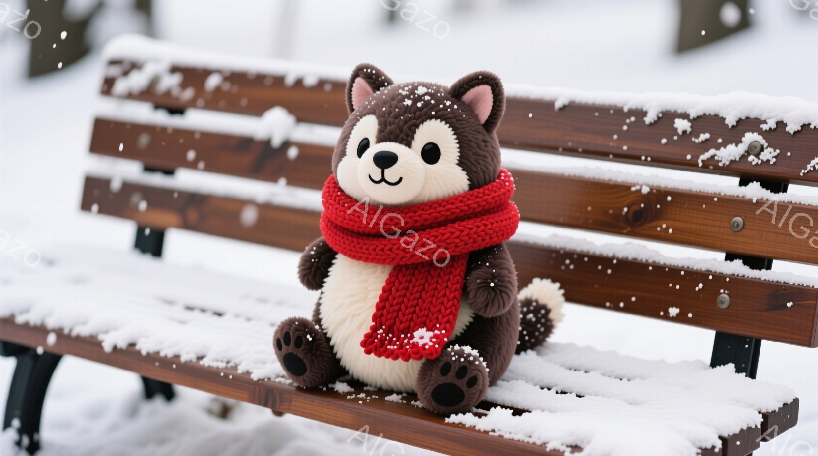 茶色のふわふわした犬のぬいぐるみは、木製のベンチに座って、赤い編み物のマフラーを巻いています。雪が降っており、背景は白く覆われ、冬の穏やかな雰囲気が漂っています。ベンチの木材の質感と、ぬいぐるみの愛らしい表情が印象的です。